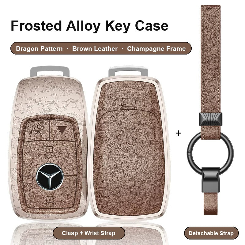 Mercedes-Benz Type A 4-button key case - Dragon pattern, brown leather, champagne frame