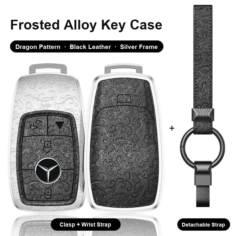 Mercedes-Benz Type A 4-button key case - Dragon pattern, black leather, silver frame