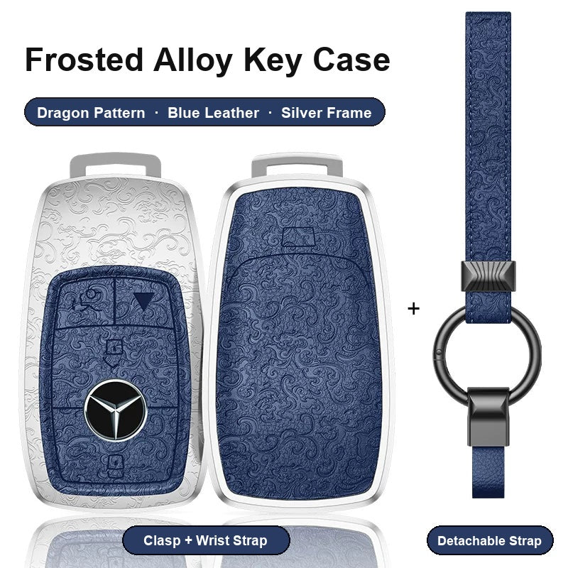 Mercedes-Benz Type A 4-button key case - Dragon pattern, blue leather, silver frame