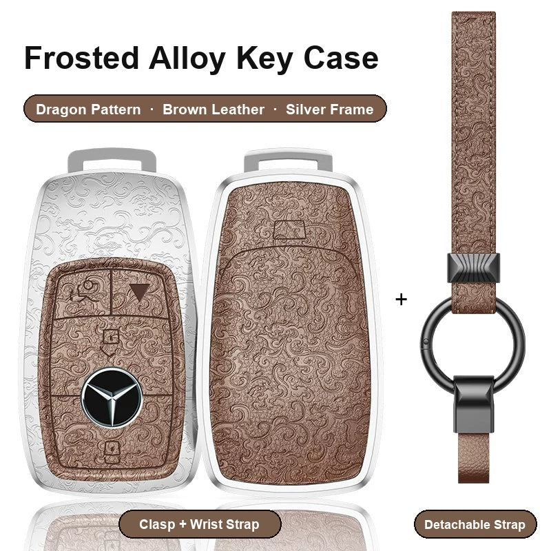 Mercedes-Benz Type A 4-button key case - Dragon pattern, brown leather, silver frame