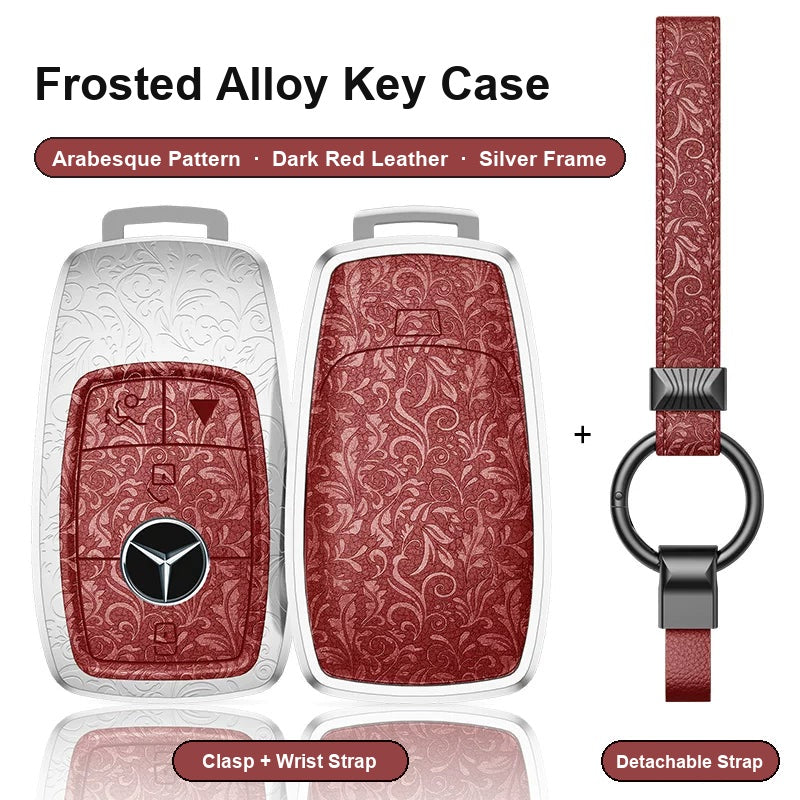 Mercedes-Benz Type A 4-button key case - Arabesque pattern, dark red leather, silver frame