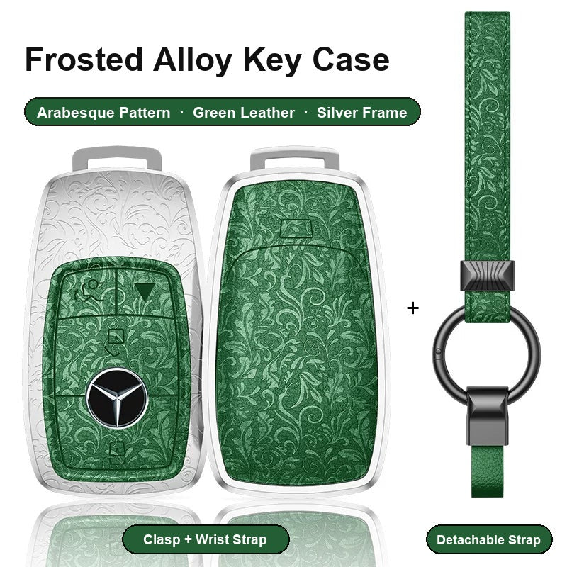 Mercedes-Benz Type A 4-button key case - Arabesque pattern, green leather, silver frame