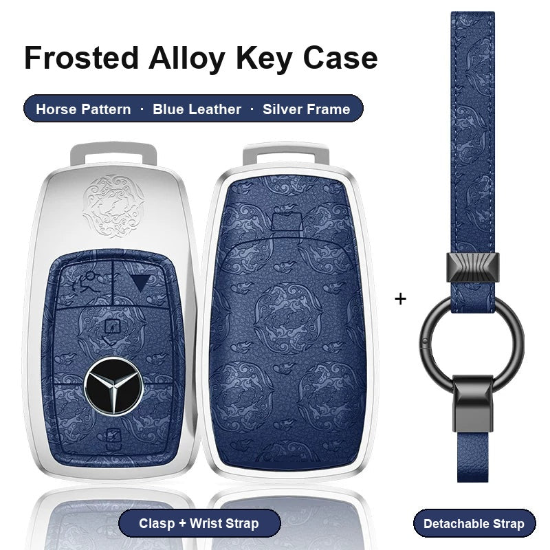 Mercedes-Benz Type A 4-button key case - Horse pattern, blue leather, silver frame