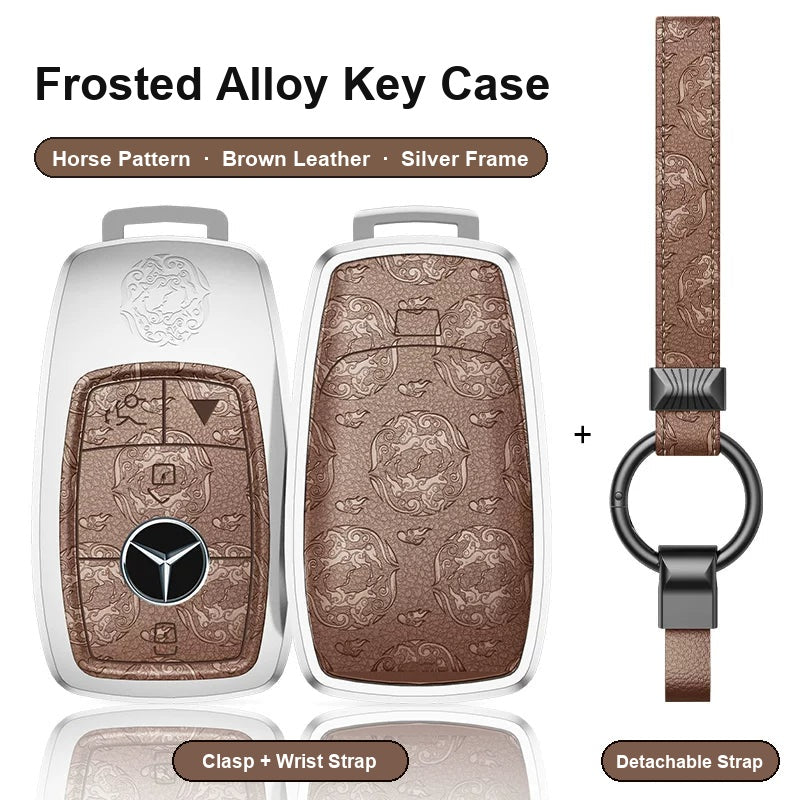 Mercedes-Benz Type A 4-button key case - Horse pattern, brown leather, silver frame