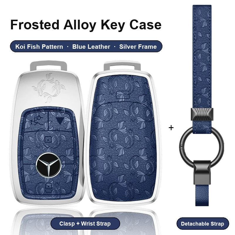 Mercedes-Benz Type A 4-button key case - Koi Fish pattern, blue leather, silver frame