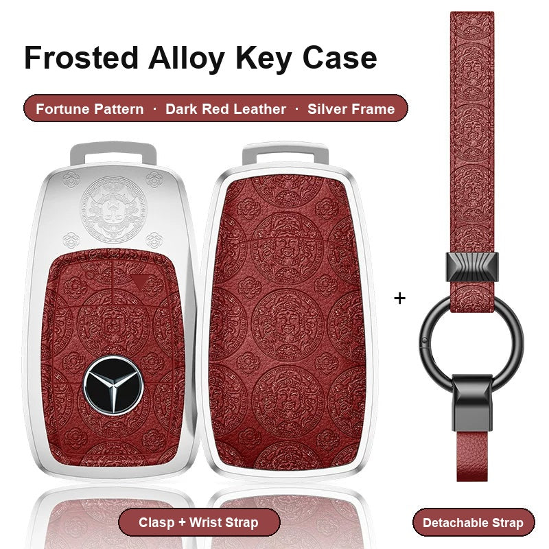 Mercedes-Benz Type A 4-button key case - Fortune pattern, dark red leather, silver frame