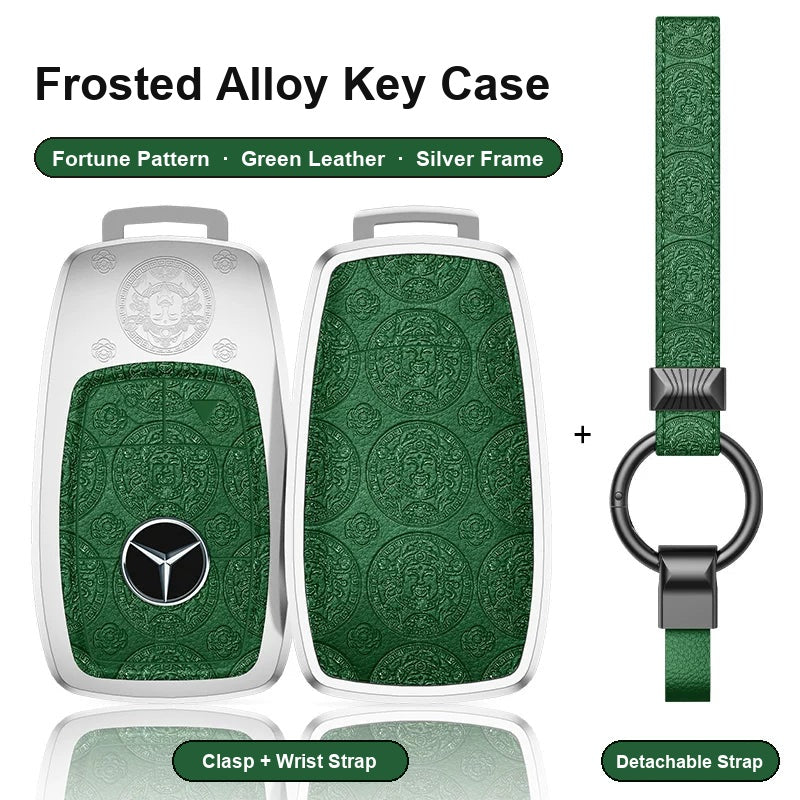 Mercedes-Benz Type A 4-button key case - Fortune pattern, green leather, silver frame