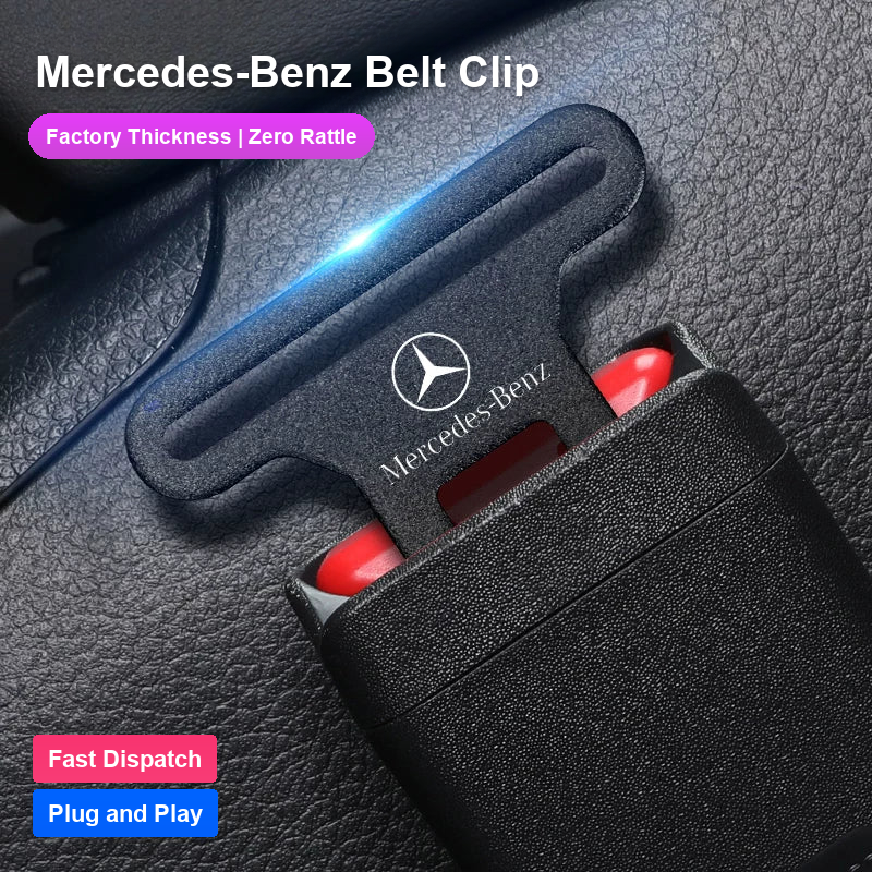 Mercedes-Benz matte black seat belt buckle clip with printed star emblem, fitted in the buckle