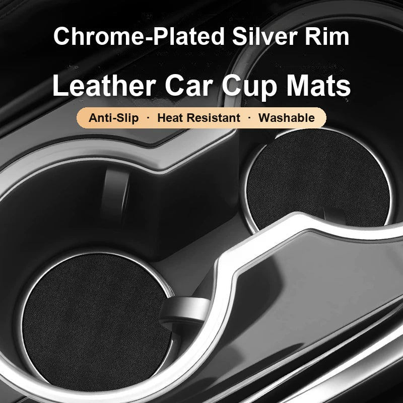 Black leather cup mats with chrome-plated silver rim in car cup holders