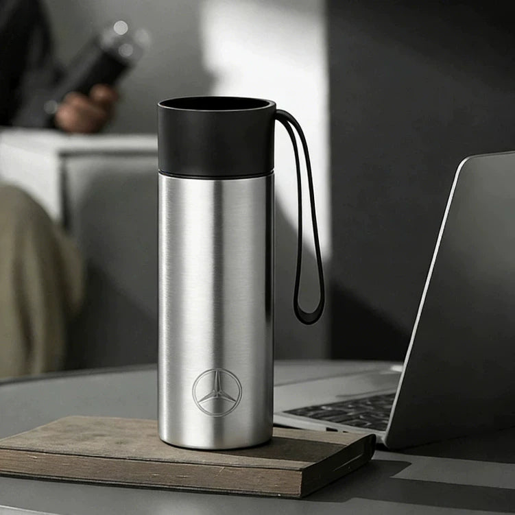 Mercedes-Benz stainless steel insulated cup in brushed silver with engraved star emblem
