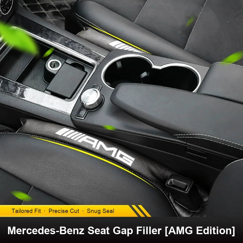 Black AMG embroidered seat gap filler fitted in a Mercedes-Benz