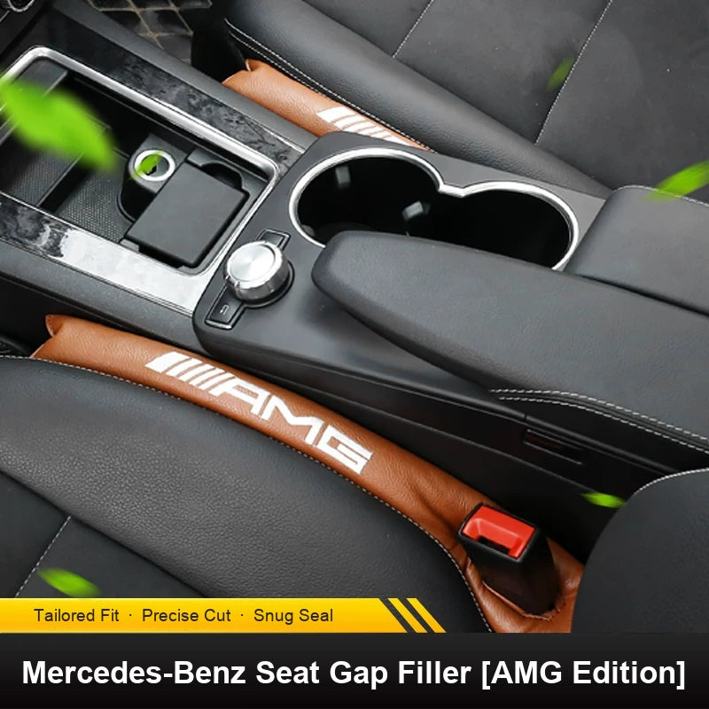 Brown AMG embroidered seat gap filler fitted in a Mercedes-Benz