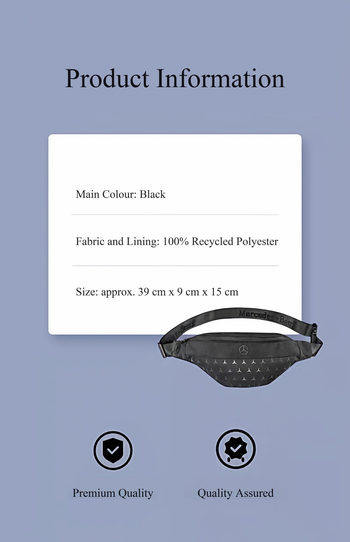 Mercedes-Benz waist bag product information: black, recycled polyester, approx. 39 x 9 x 15 cm