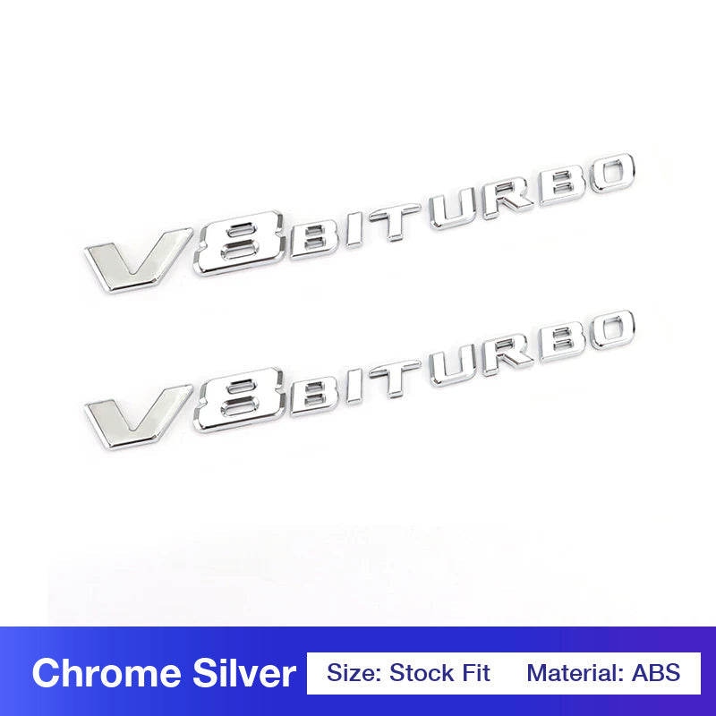 Mercedes-AMG V8 BITURBO fender side badges pair in chrome silver