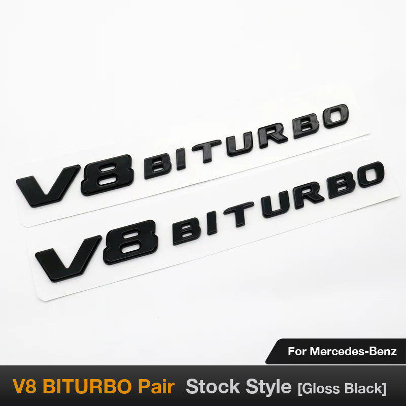 Mercedes-AMG V8 BITURBO fender side badges pair in gloss black
