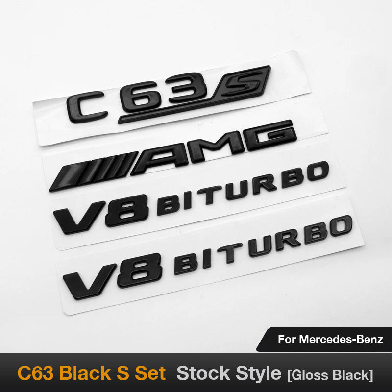 Mercedes-AMG C63S full badge set in all gloss black - C63S, AMG and V8 BITURBO side badges