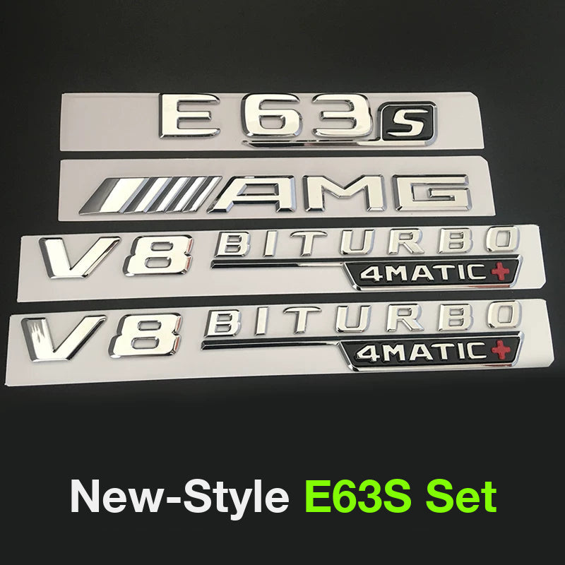 Mercedes-AMG E63S full badge set in chrome silver - E63S, AMG and V8 BITURBO 4MATIC+ side badges