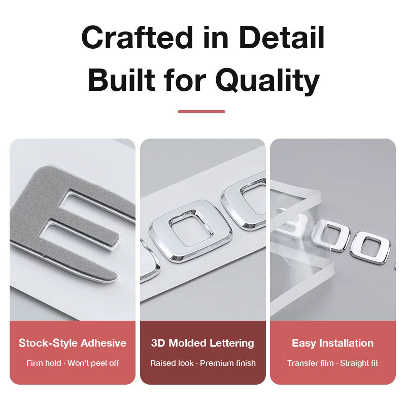 Mercedes-AMG badge details - stock-style adhesive backing, 3D molded lettering and transfer film for easy installation