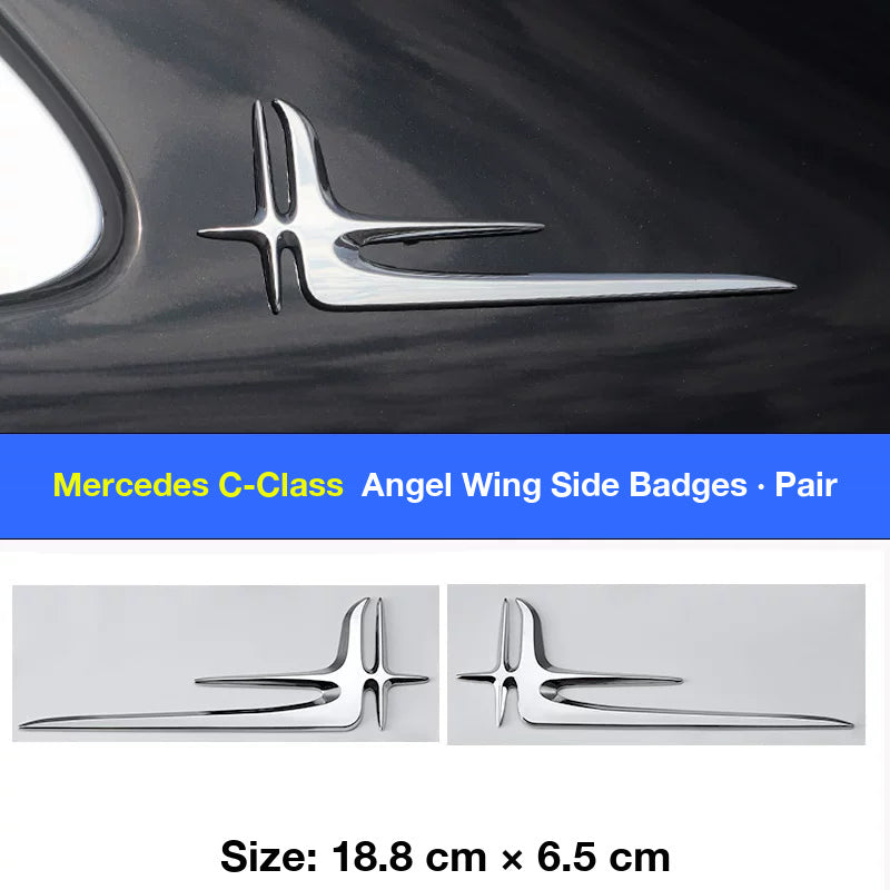 Mercedes C-Class angel wing chrome side badges pair - 18.8 x 6.5 cm