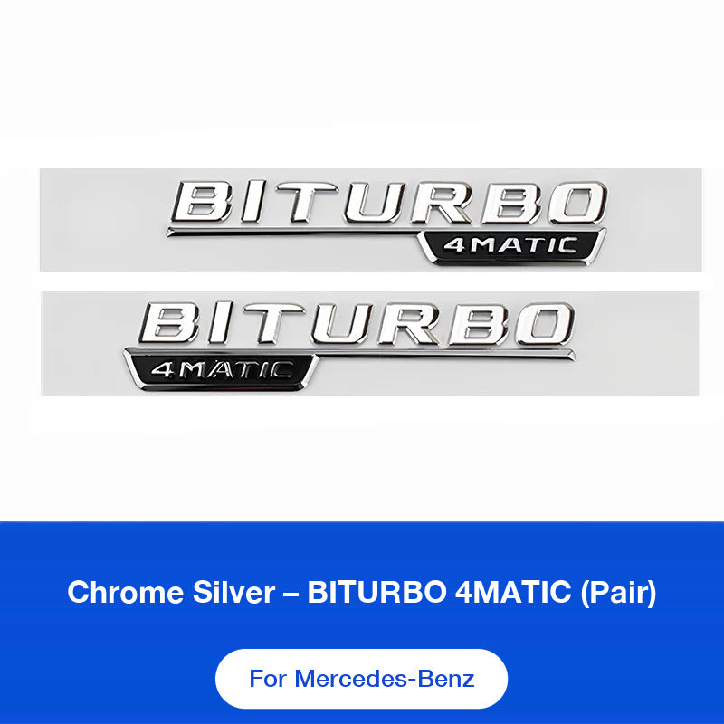 Mercedes-AMG BITURBO 4MATIC fender side badges pair in chrome silver