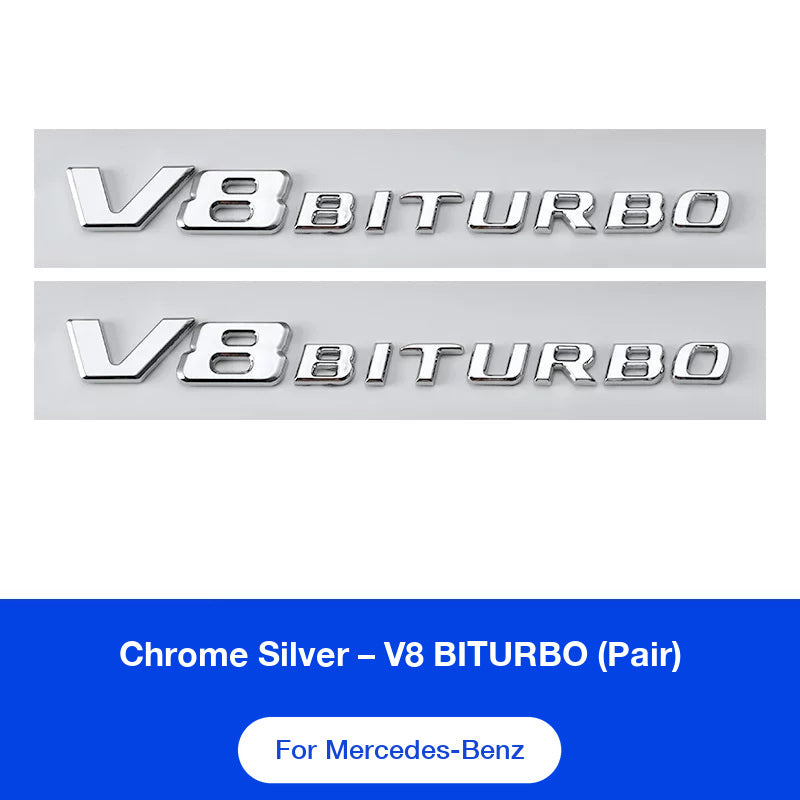 Mercedes-AMG V8 BITURBO fender side badges pair in chrome silver