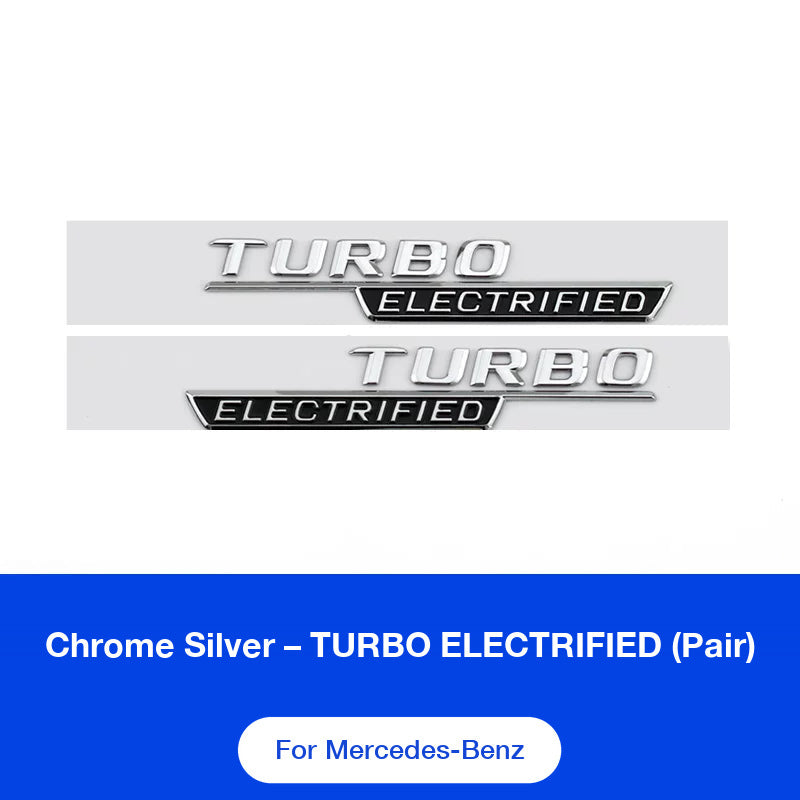 Mercedes-AMG TURBO ELECTRIFIED fender side badges pair in chrome silver
