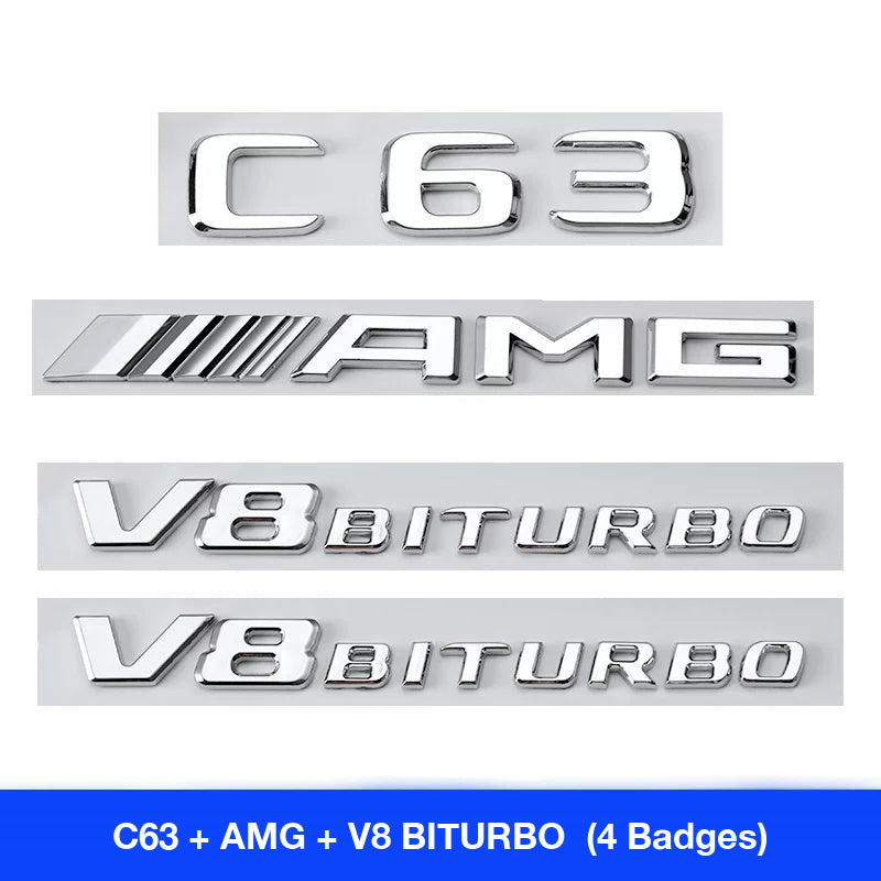 Mercedes-AMG C63 badge set - C63, AMG and V8 BITURBO side badges pair (4 badges)