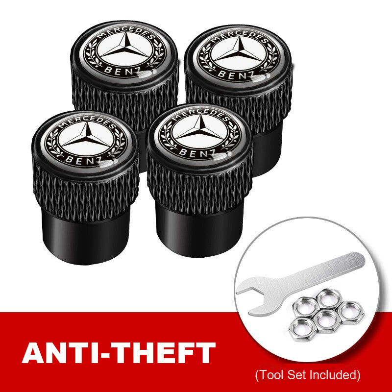 Mercedes-Benz anti-theft valve caps in black with wrench and lock nuts