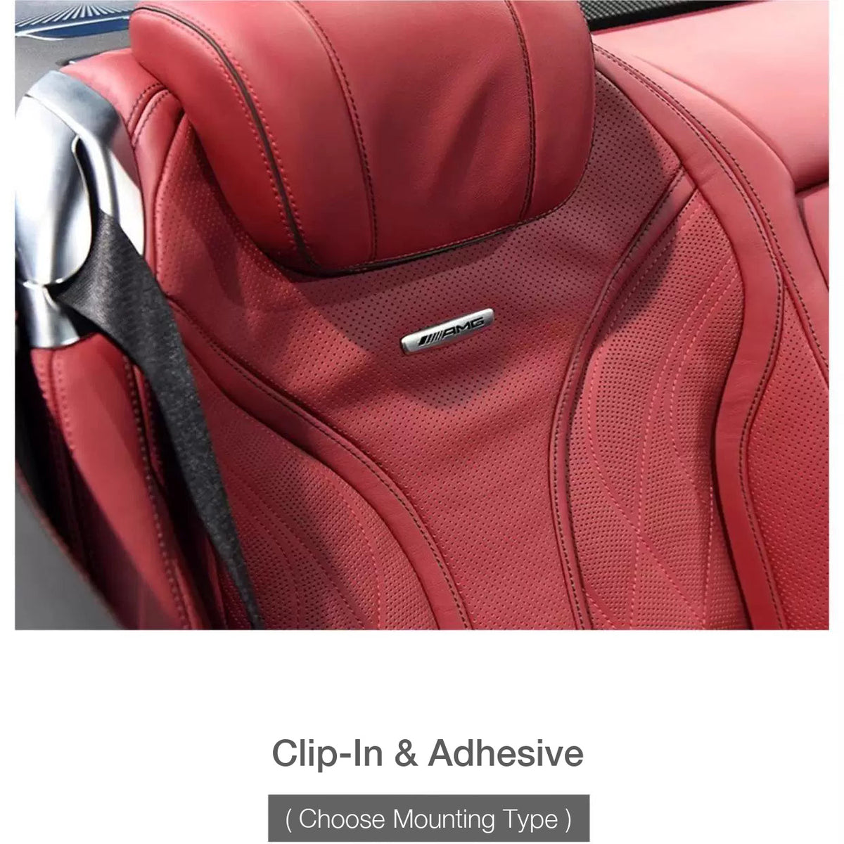 AMG seat emblem on a red leather seat, available as clip-in or adhesive mounting