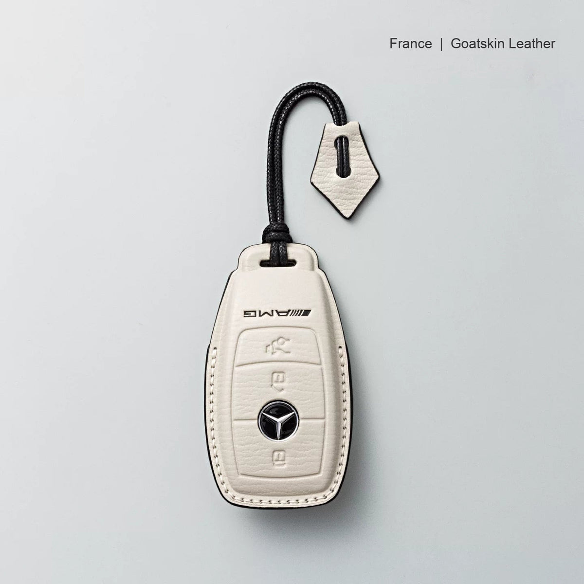 Mercedes-Benz goatskin leather key case, Style A, White with Black, Lanyard Strap