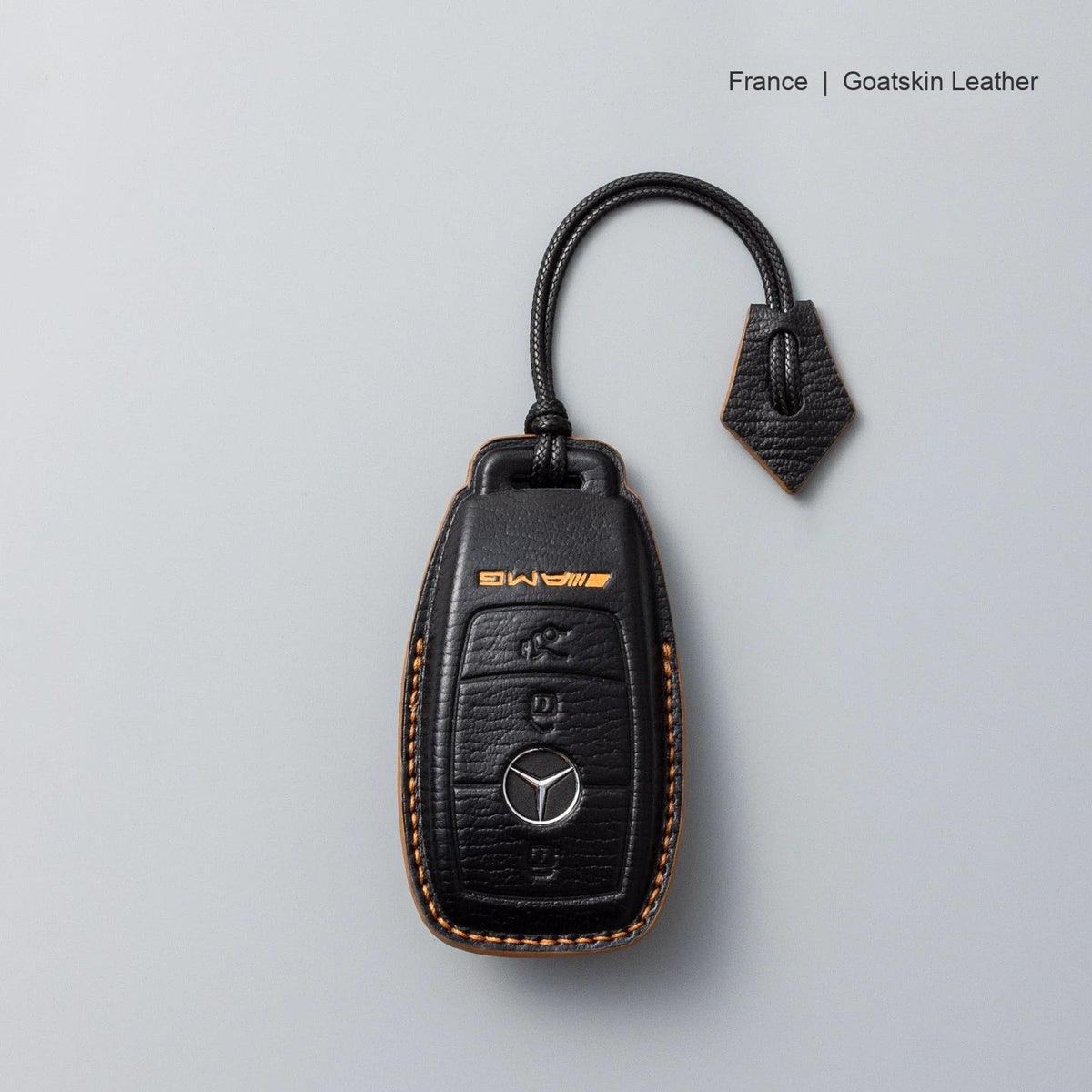 Mercedes-Benz goatskin leather key case, Style A, Black with Tan, Lanyard Strap