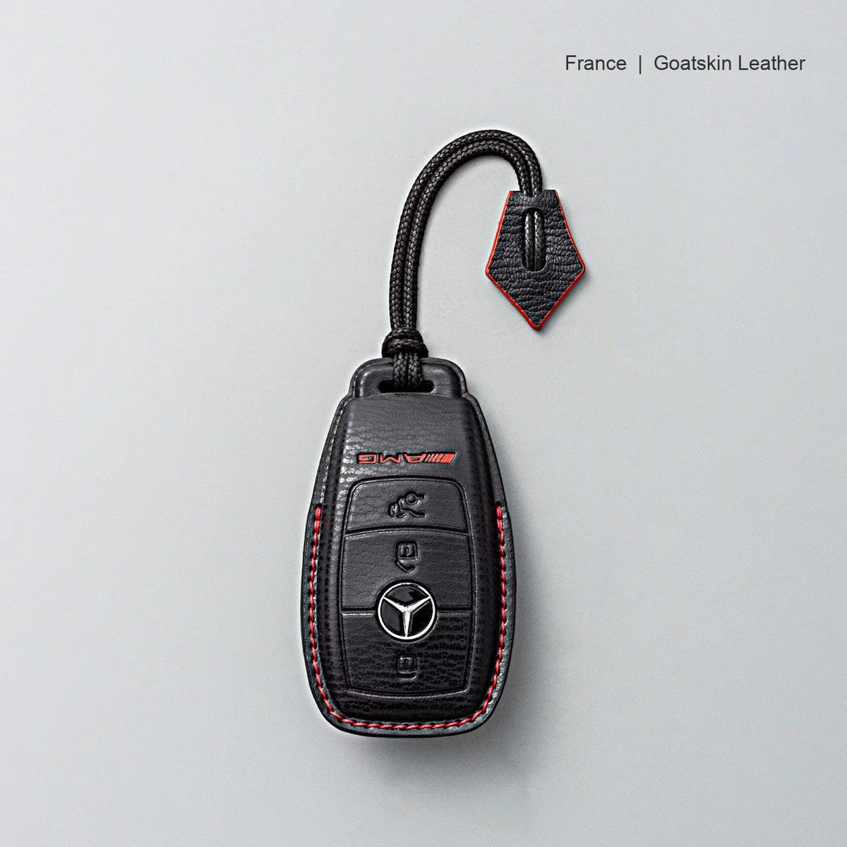Mercedes-Benz goatskin leather key case, Style A, Black with Red, Lanyard Strap