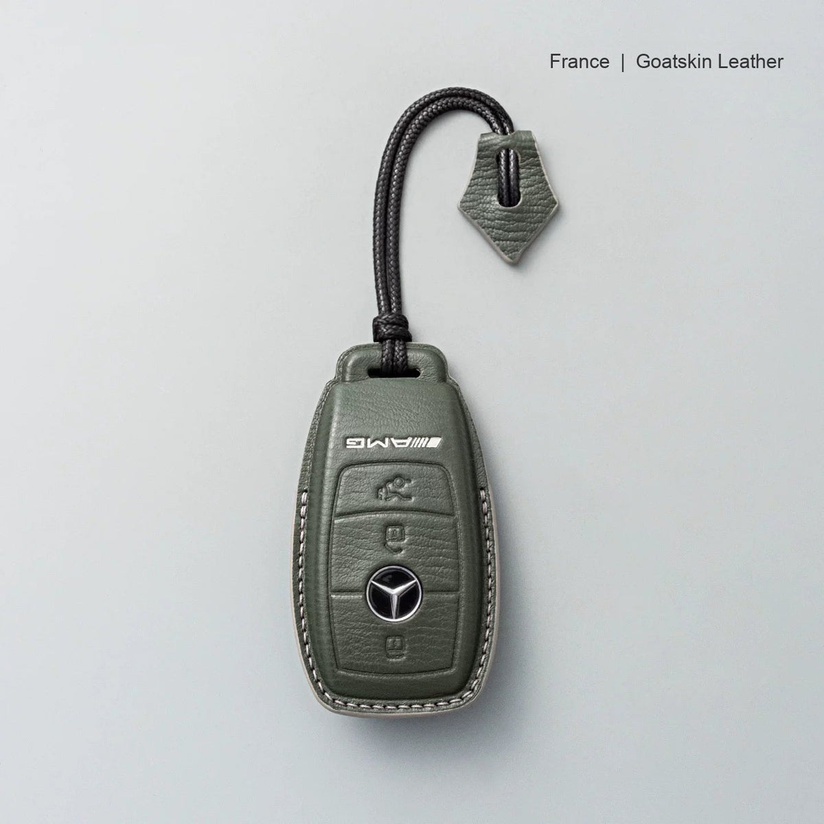 Mercedes-Benz goatskin leather key case, Style A, Olive Green, Lanyard Strap