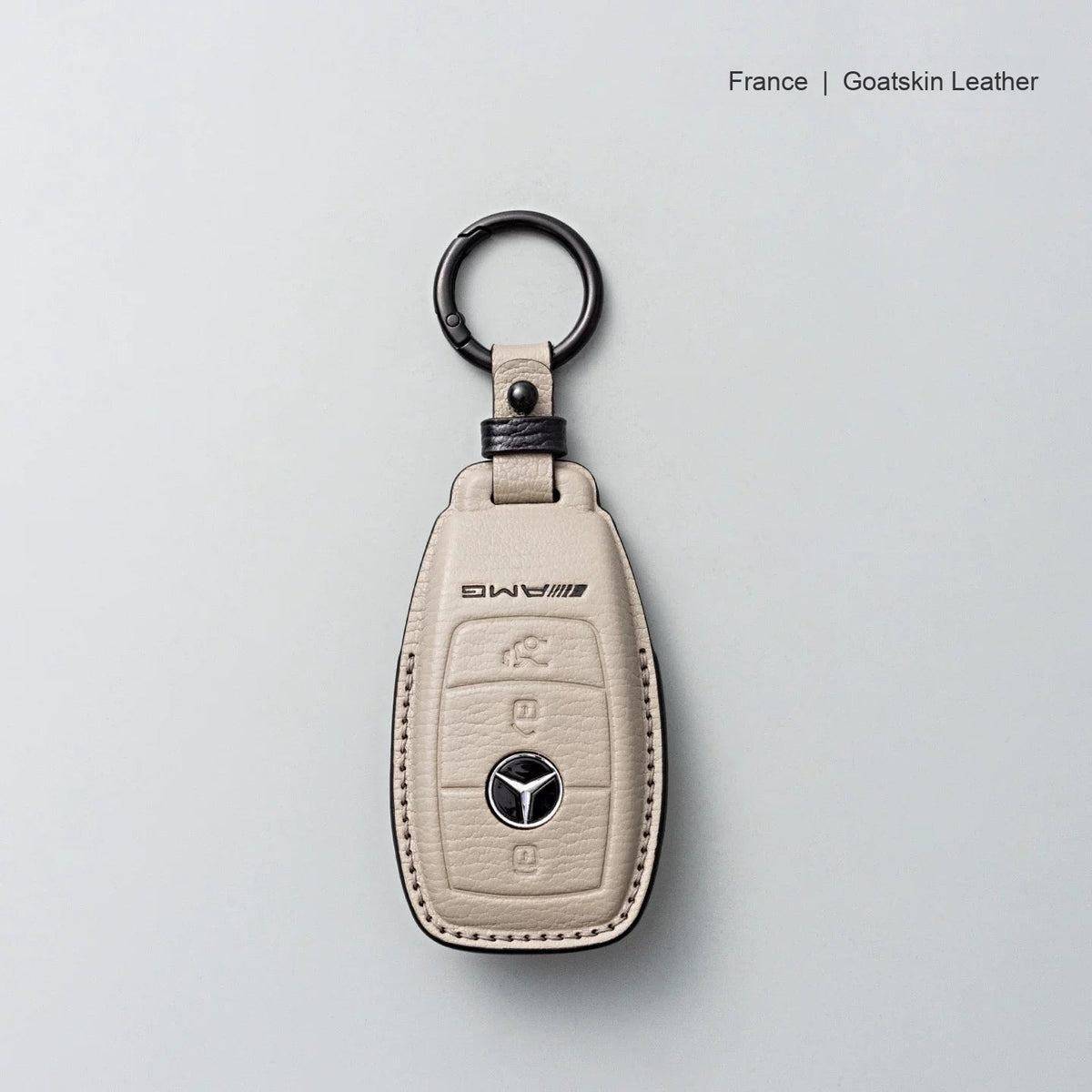 Mercedes-Benz goatskin leather key case, Style A, Gray with Black, Key Ring