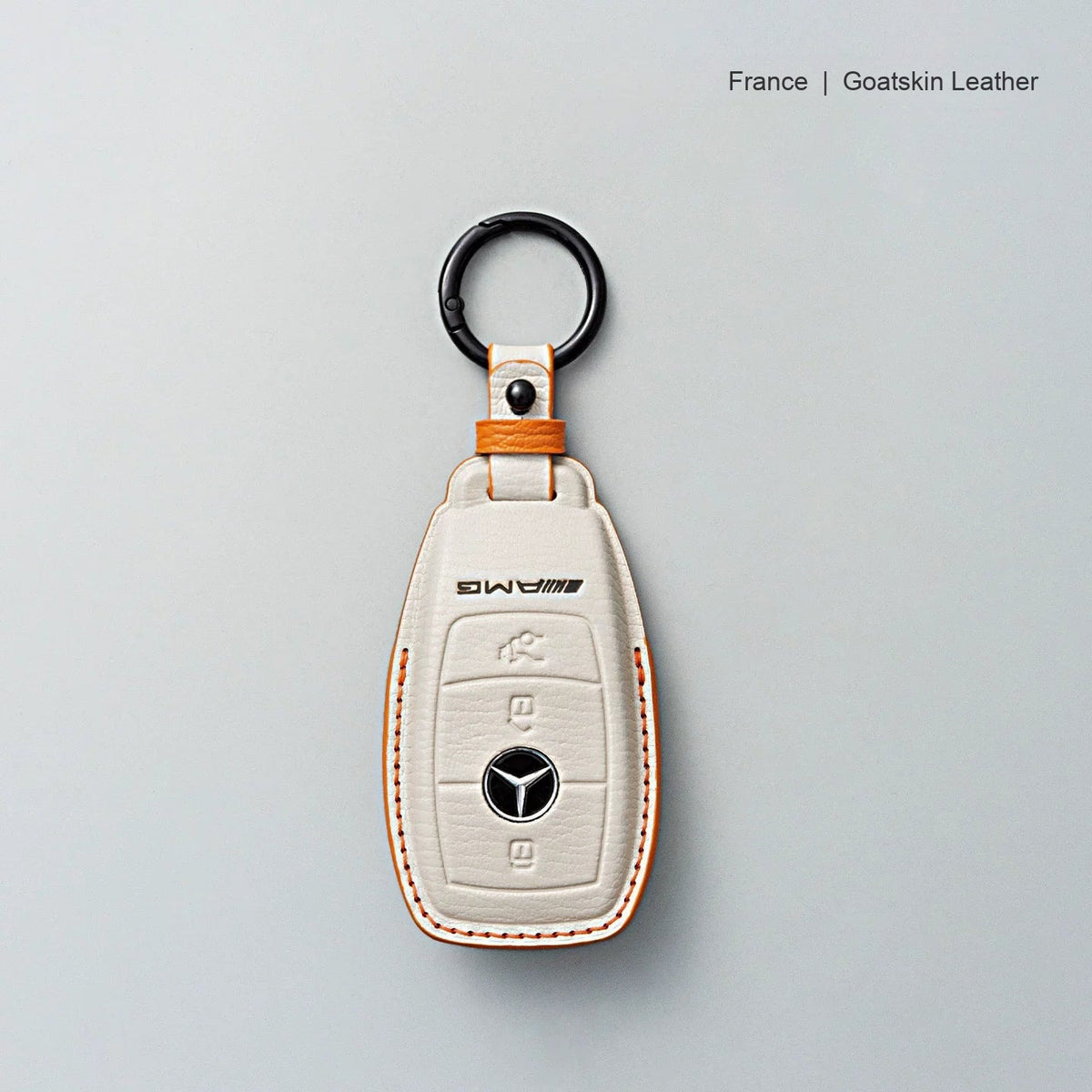 Mercedes-Benz goatskin leather key case, Style A, Cream White, Key Ring