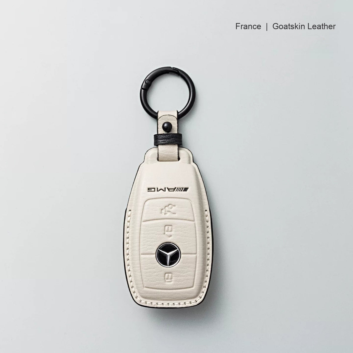 Mercedes-Benz goatskin leather key case, Style A, White with Black, Key Ring