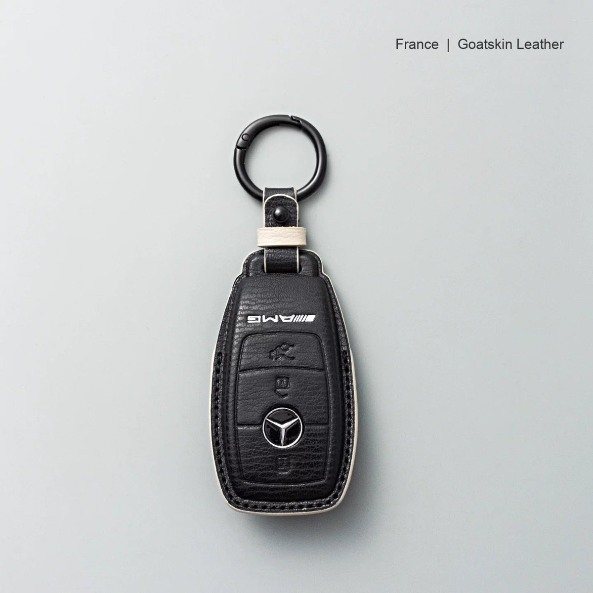 Mercedes-Benz goatskin leather key case, Style A, Black with White, Key Ring
