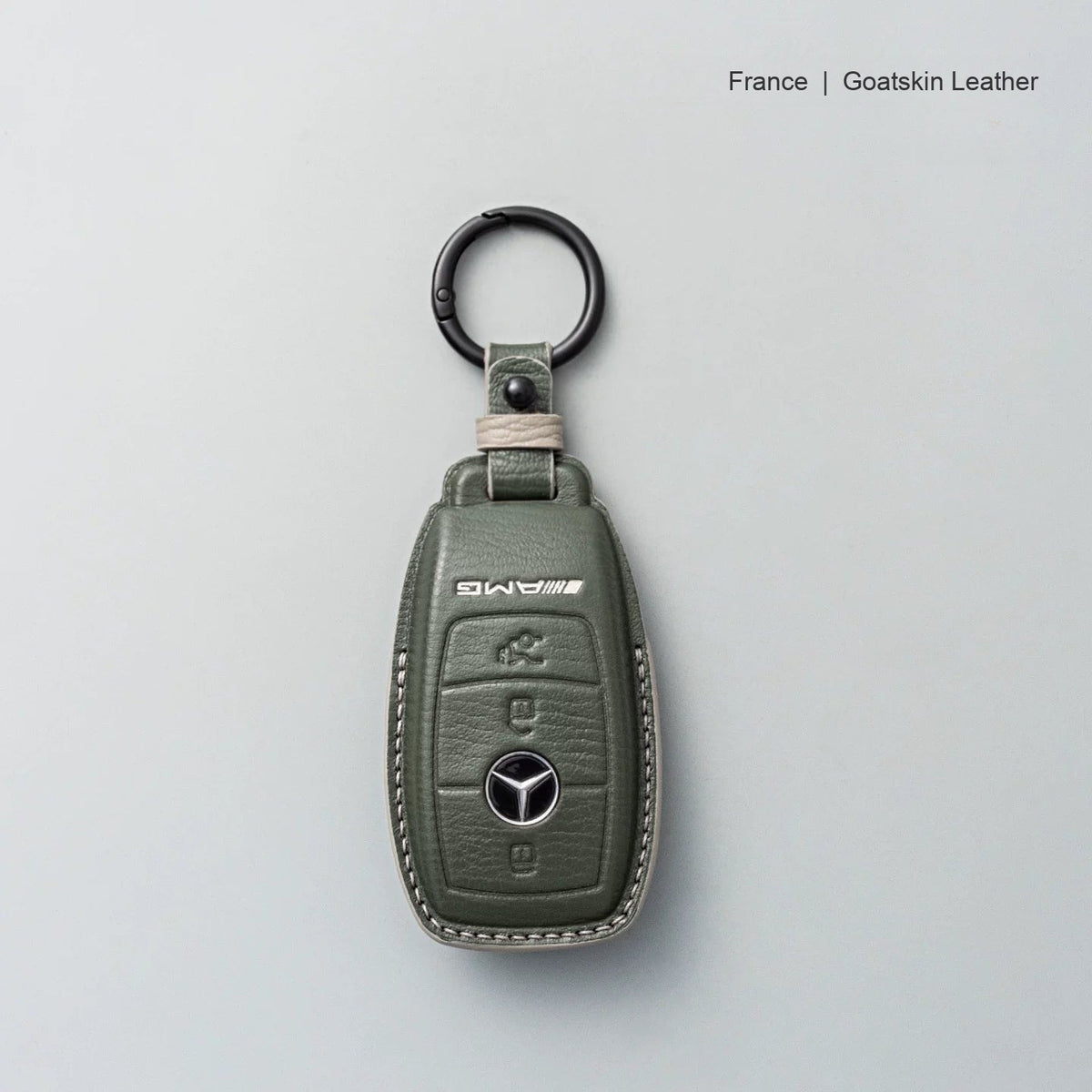 Mercedes-Benz goatskin leather key case, Style A, Olive Green, Key Ring