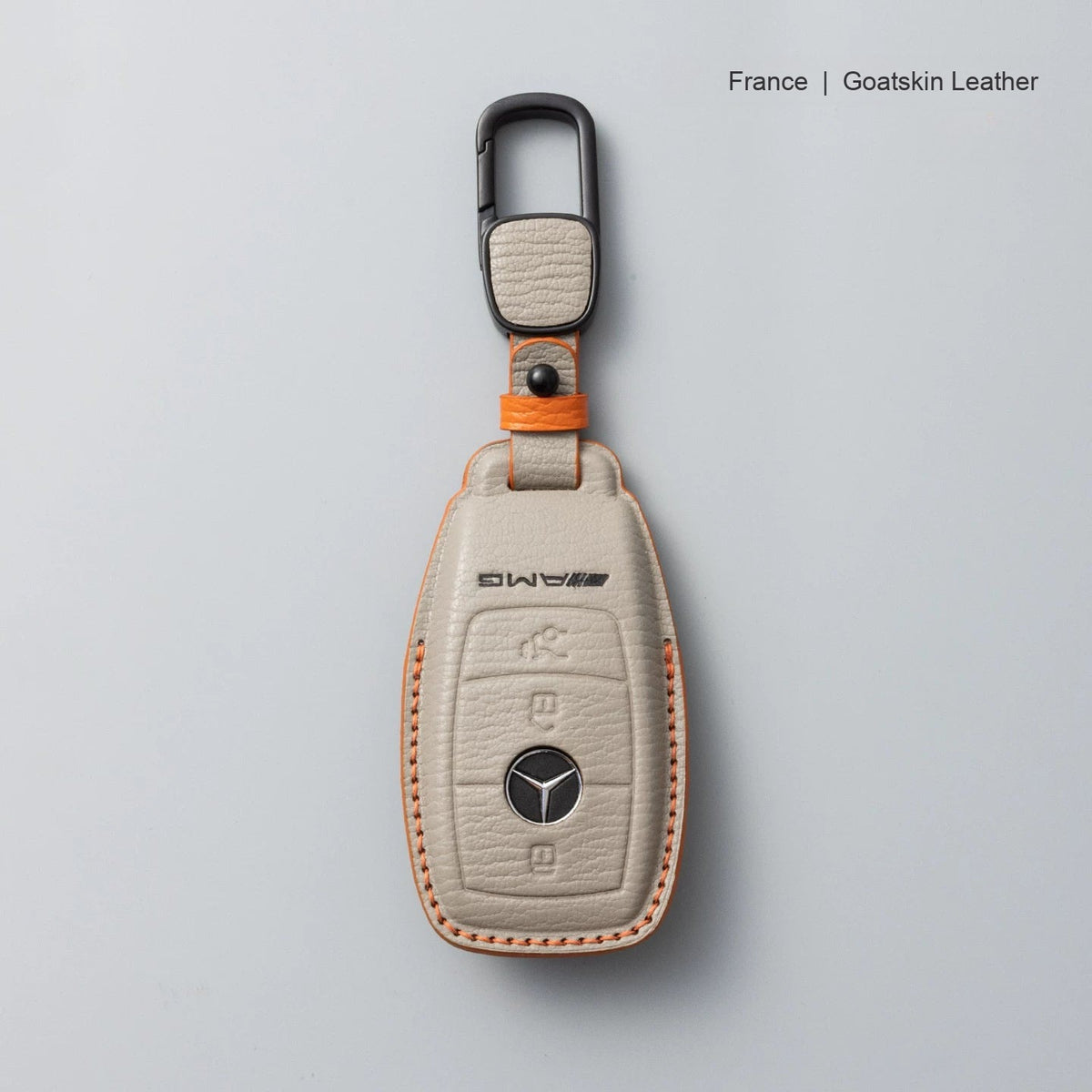 Mercedes-Benz goatskin leather key case, Style A, Dove Gray, Carabiner Clip