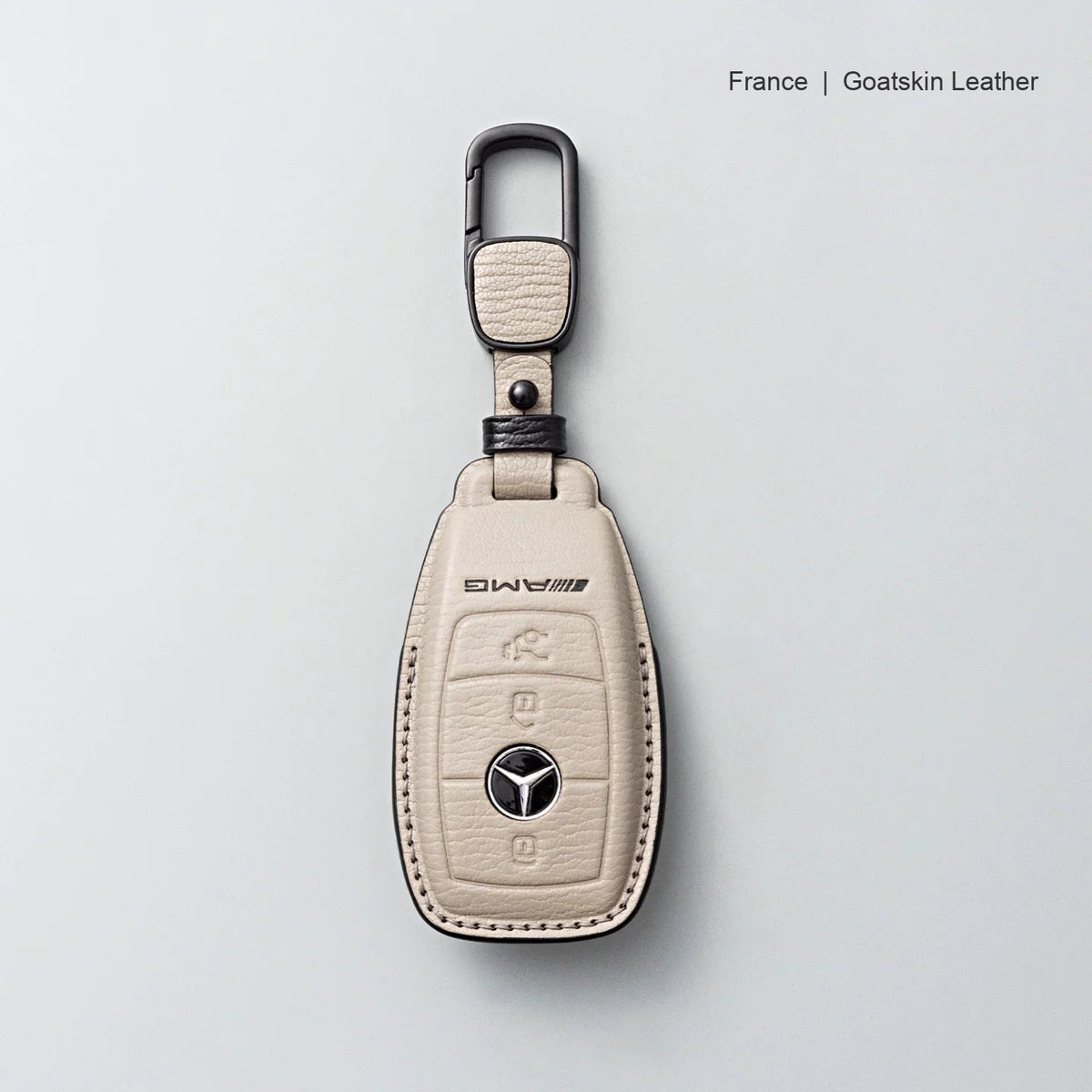 Mercedes-Benz goatskin leather key case, Style A, Gray with Black, Carabiner Clip
