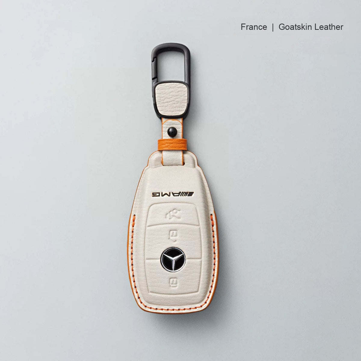 Mercedes-Benz goatskin leather key case, Style A, Cream White, Carabiner Clip
