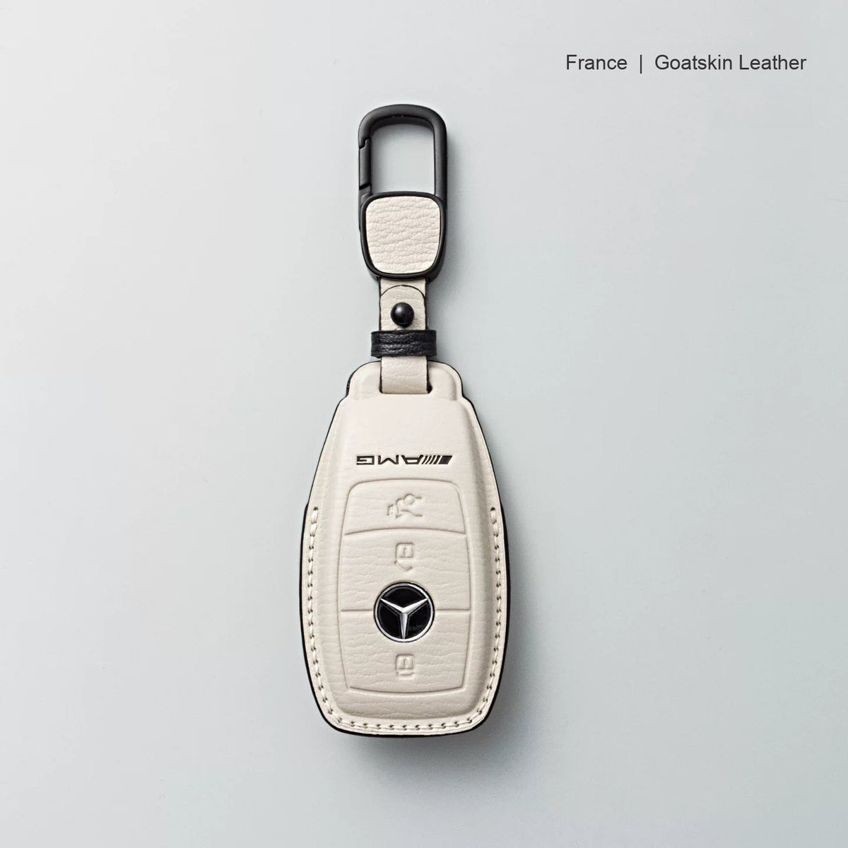 Mercedes-Benz goatskin leather key case, Style A, White with Black, Carabiner Clip