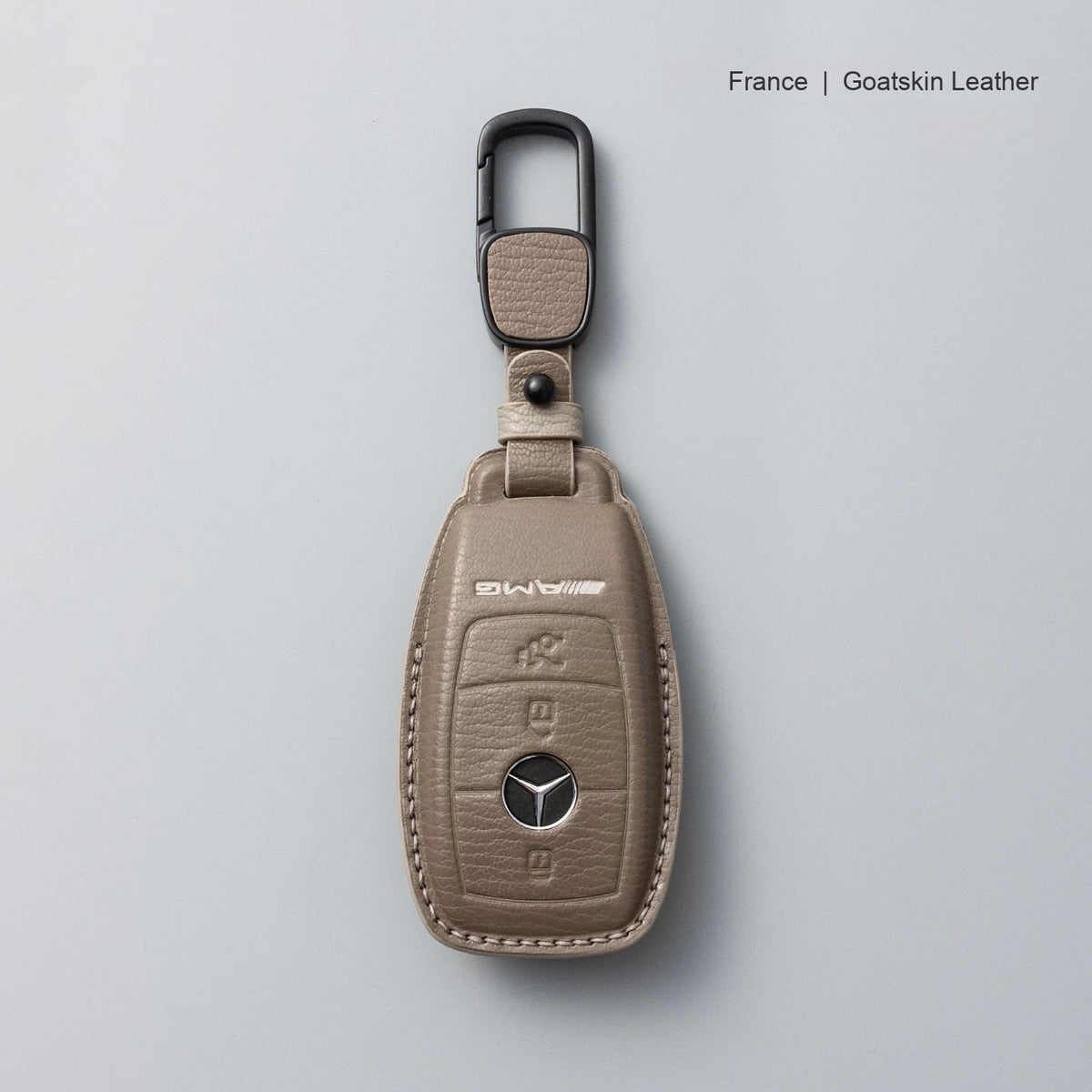 Mercedes-Benz goatskin leather key case, Style A, Taupe, Carabiner Clip