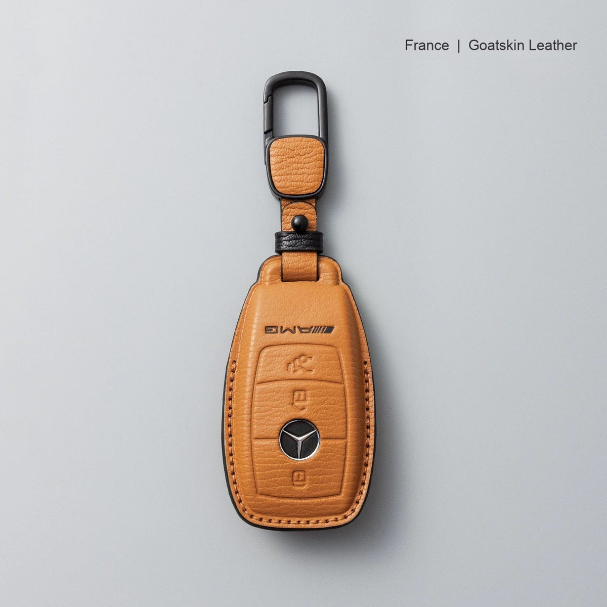 Mercedes-Benz goatskin leather key case, Style A, Caramel Brown, Carabiner Clip