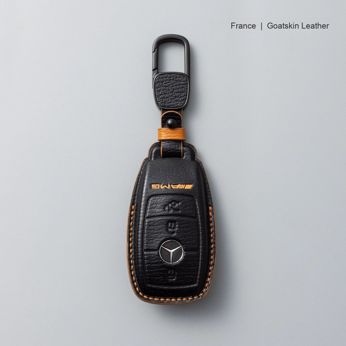 Mercedes-Benz goatskin leather key case, Style A, Black with Tan, Carabiner Clip