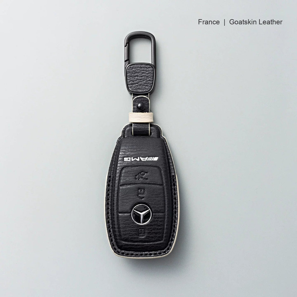 Mercedes-Benz goatskin leather key case, Style A, Black with White, Carabiner Clip