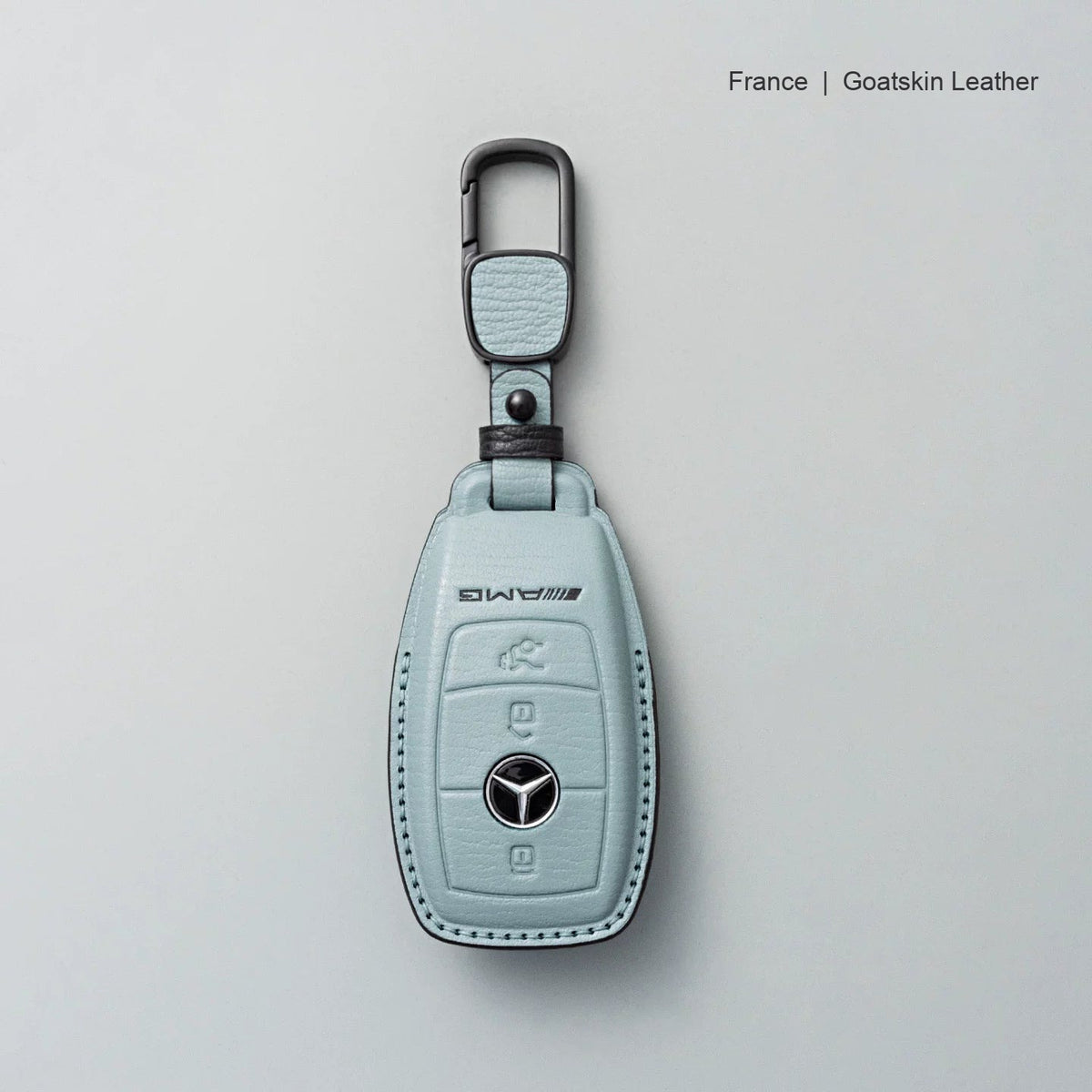 Mercedes-Benz goatskin leather key case, Style A, Mist Blue, Carabiner Clip