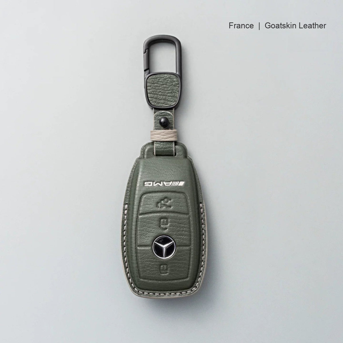 Mercedes-Benz goatskin leather key case, Style A, Olive Green, Carabiner Clip