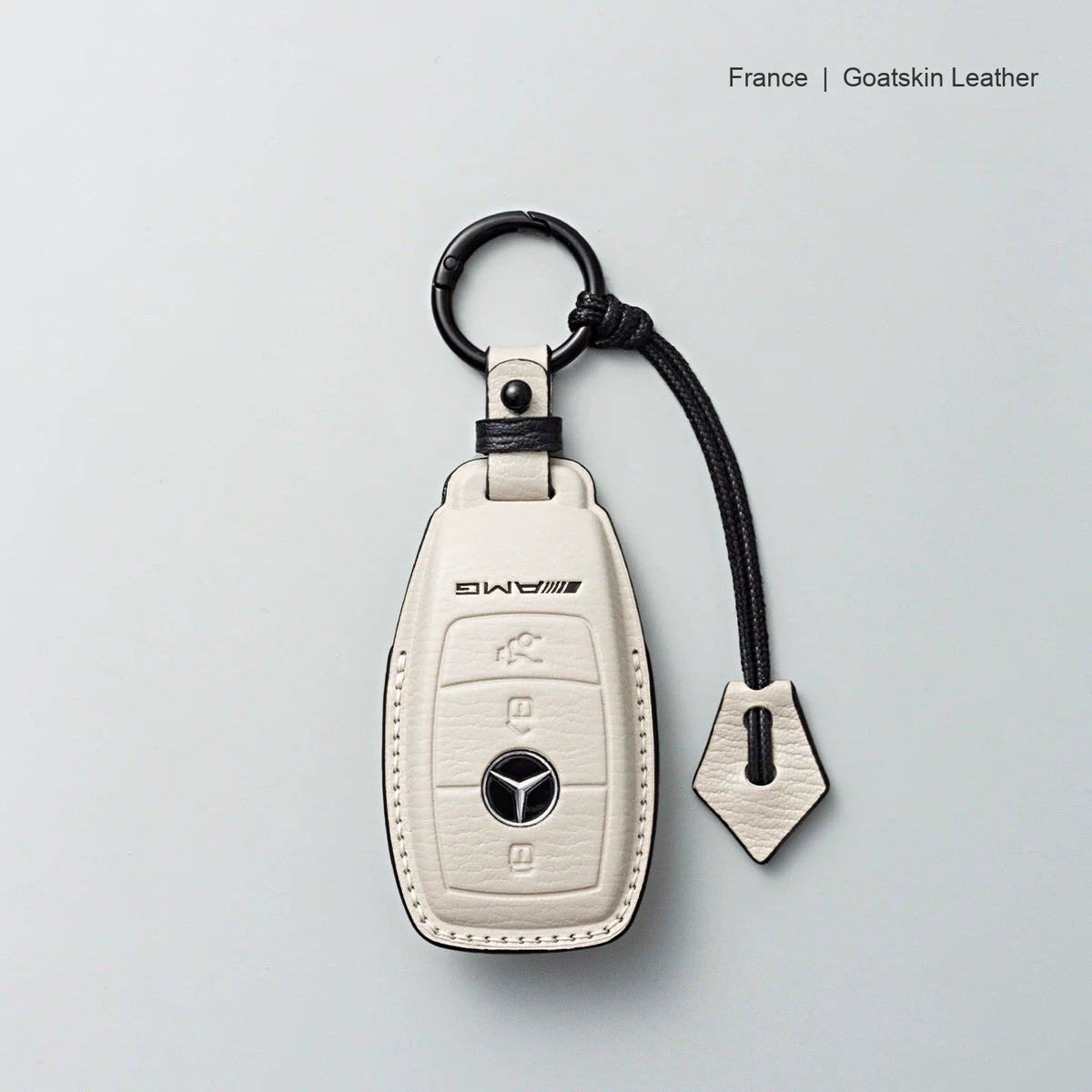 Mercedes-Benz goatskin leather key case, Style A, White with Black, Key Ring + Lanyard