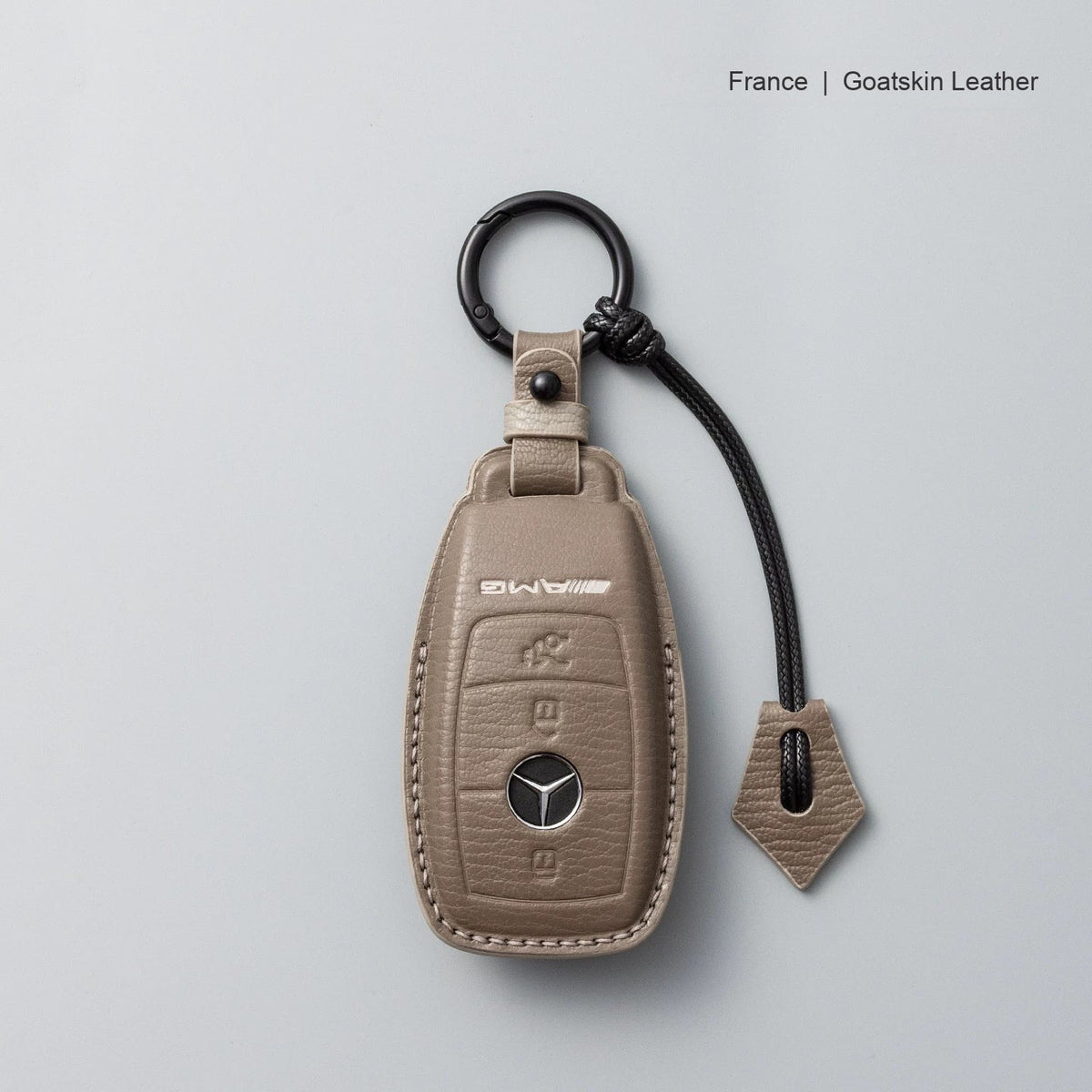 Mercedes-Benz goatskin leather key case, Style A, Taupe, Key Ring + Lanyard